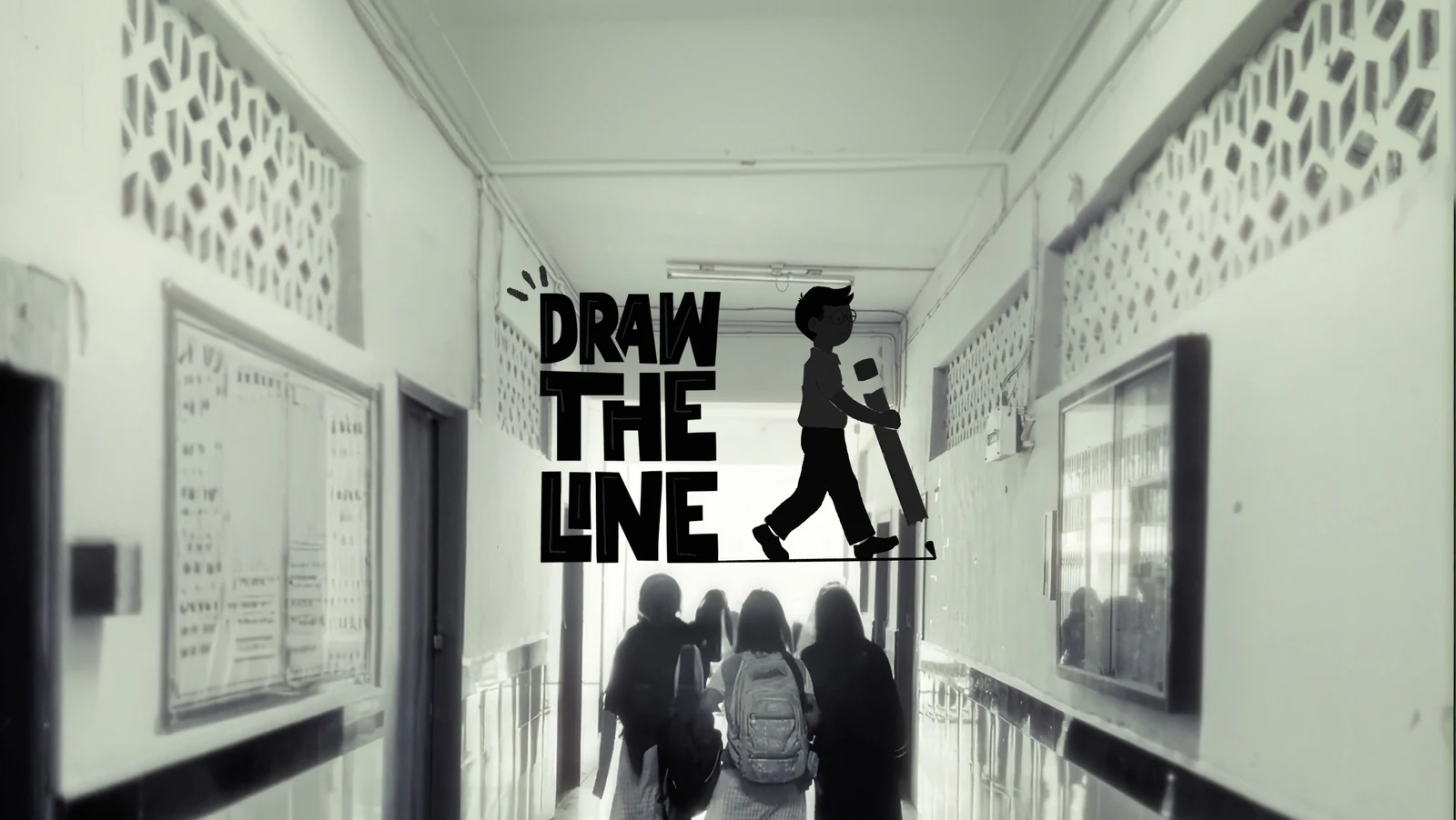 Students walking down a school corridor, under the Draw the Line logo.